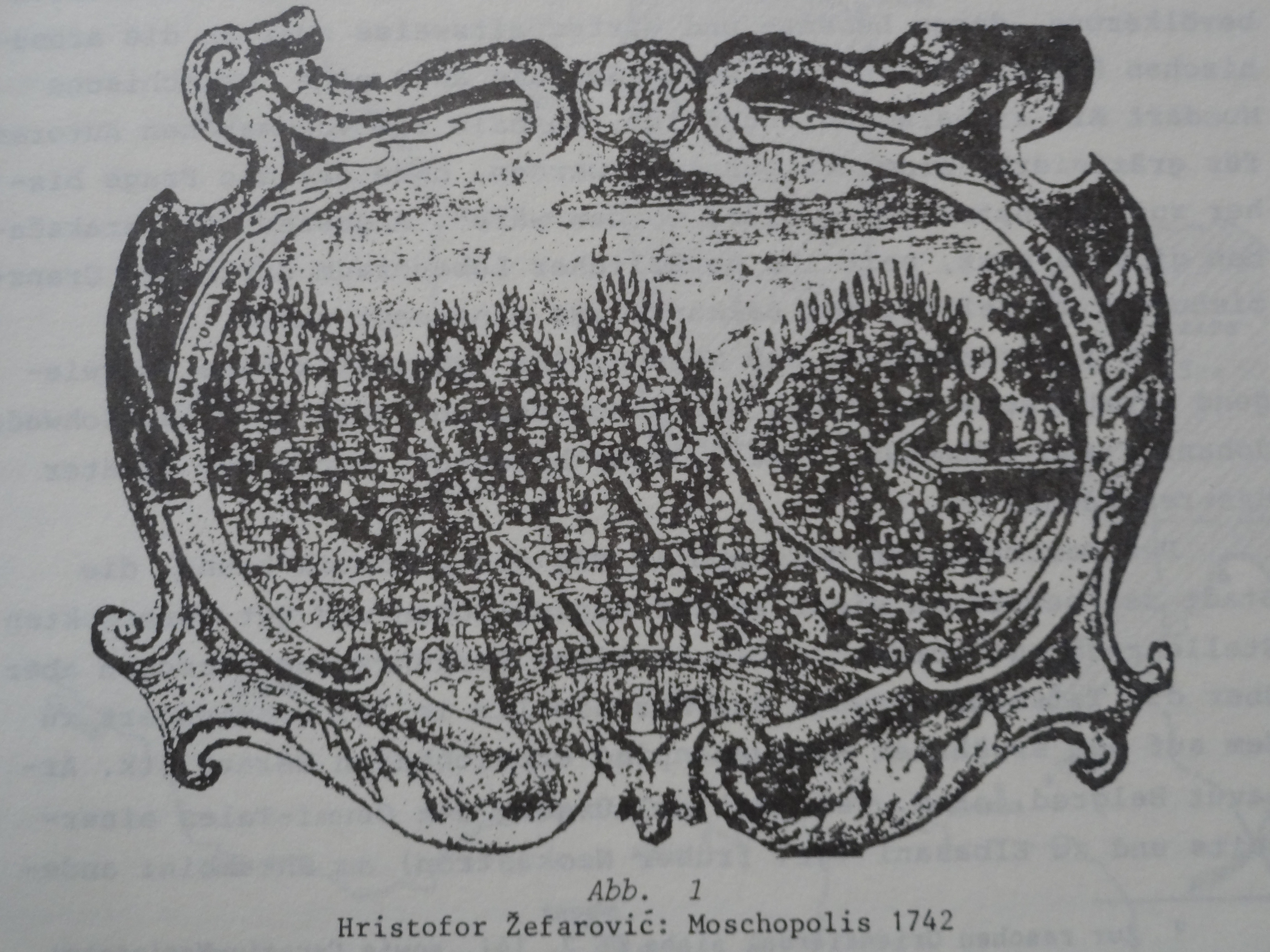 Μοσχόπολη,  ξυλογραφία του Χριστόφορου Ζεφάροβιτς από το 1742